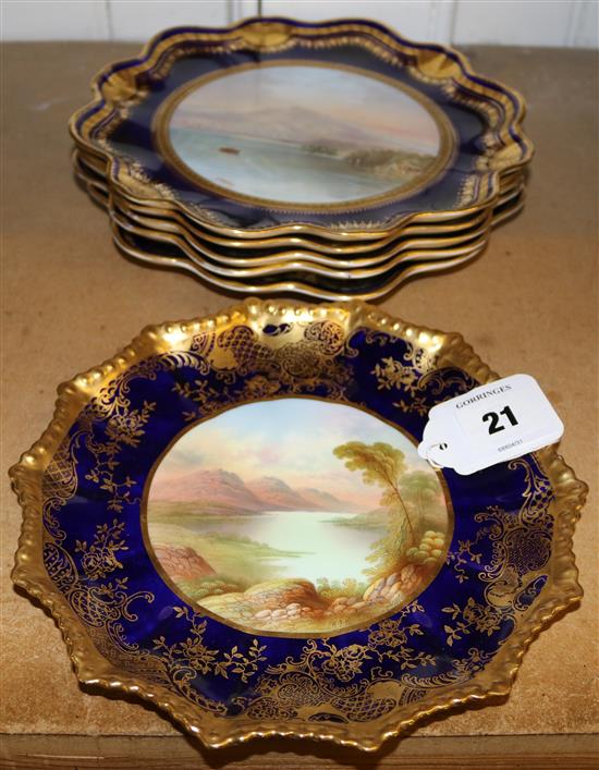 Six Aynsley named view scalloped dessert plates, late 19th century, 24cm and 22cm